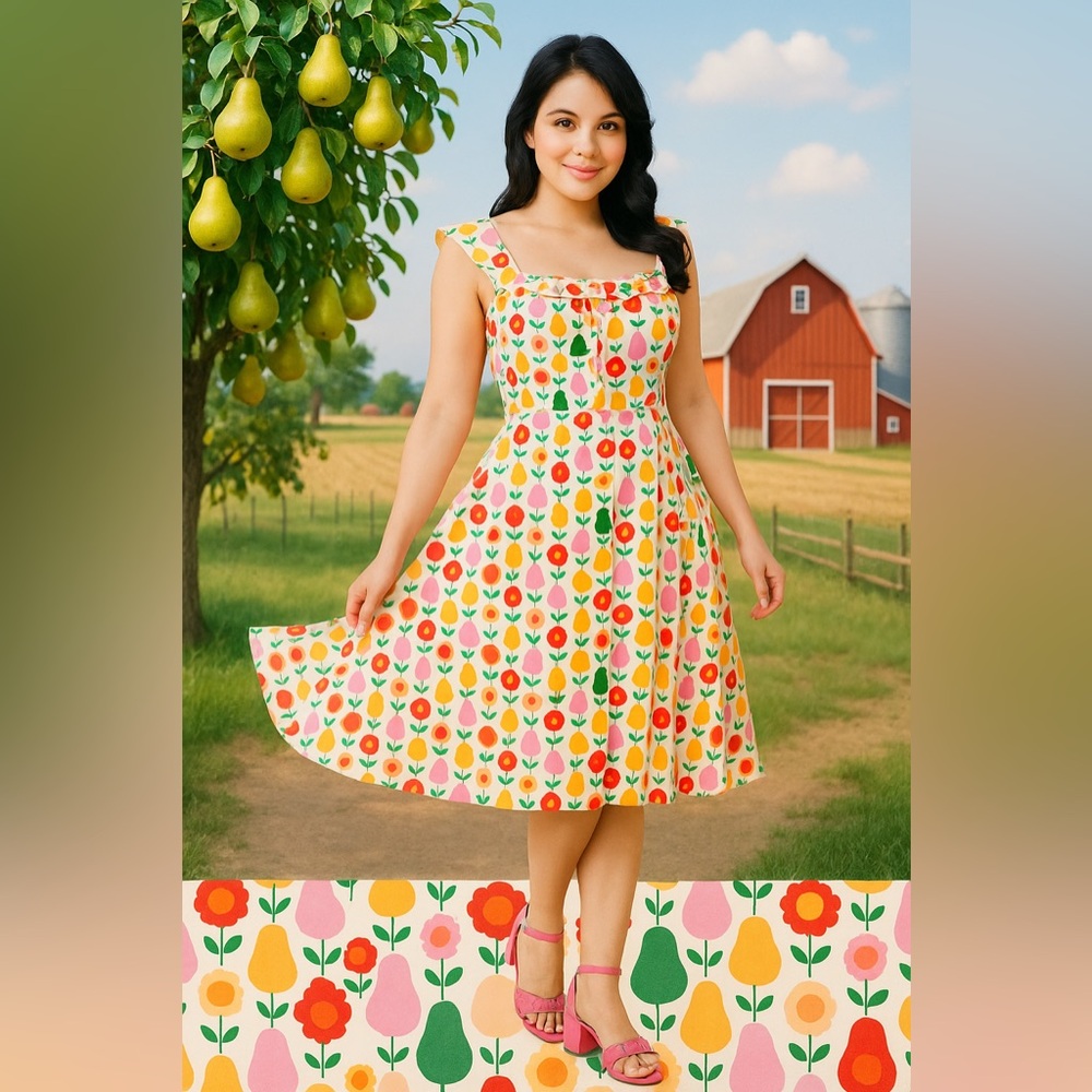 Unique Vintage Magnolia Place Multicolored Pear Print Barbara Swing Dress, NWT! - Picture 3 of 16